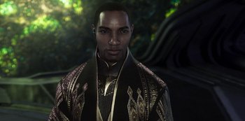 Movie still from “Love, Death & Robots” (2019), created by Tim Miller – A man in a black and gold jacket; Close Up shot, Over the shoulder angle