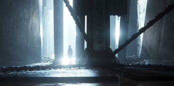 Movie still from “Love, Death & Robots” (2019), created by Tim Miller – A person standing in a room with a light shining on them; Extreme Wide shot, Low angle