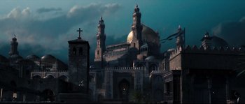 Movie still from “Kingdom of Heaven” (2005), directed by Ridley Scott – An image of a large building with a golden dome in the background; Extreme Wide shot, Low angle