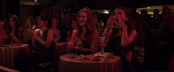 Movie still from “Magic Mike” (2012), directed by Steven Soderbergh – Two women sitting at a table with champagne glasses; Medium shot, Over the shoulder angle