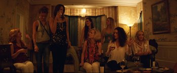 Movie still from “Magic Mike XXL” (2015), directed by Gregory Jacobs – A group of women sitting in a living room drinking wine; Medium shot, Low angle
