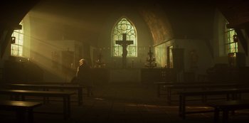 Movie still from “Marianne” (2019), created by Samuel Bodin – A woman sitting in a church with a cross in the background; Extreme Wide shot, Low angle