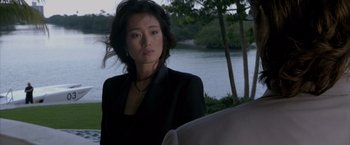 Movie still from “Miami Vice” (2006), directed by Michael Mann – A woman wearing a black jacket and a black shirt; Medium shot, High angle