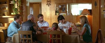 Movie still from “Little Miss Sunshine” (2006), directed by Jonathan Dayton – A group of people sitting around a table eating; Medium shot, Over the shoulder angle