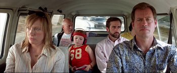 Movie still from “Little Miss Sunshine” (2006), directed by Jonathan Dayton – A group of people sitting in the back of a car; Medium shot, Over the shoulder angle