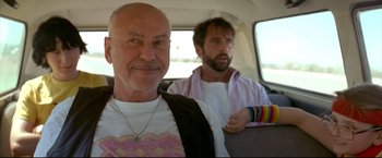 Movie still from “Little Miss Sunshine” (2006), directed by Jonathan Dayton – Two men sitting in the back seat of a car; Close Up shot, Low angle
