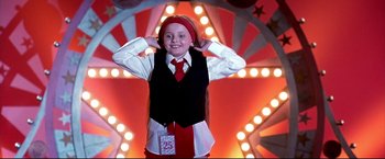 Movie still from “Little Miss Sunshine” (2006), directed by Jonathan Dayton – A young girl wearing a red tie and a white shirt; Medium shot, Low angle