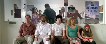 Movie still from “Little Miss Sunshine” (2006), directed by Jonathan Dayton – A group of people sitting in a room; Medium shot, Over the shoulder angle