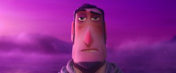 Movie still from “Missing Link” (2019), directed by Chris Butler – A character's face in a purple sky; Close Up shot, Low angle