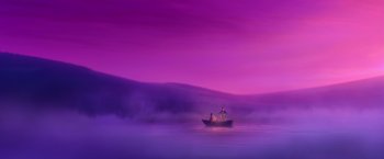 Movie still from “Missing Link” (2019), directed by Chris Butler – A boat floating on top of a body of water at night; Extreme Wide shot, Low angle