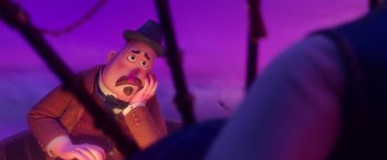 Movie still from “Missing Link” (2019), directed by Chris Butler – A cartoon character with a hat on; Close Up shot, Over the shoulder angle