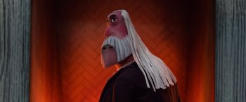 Movie still from “Missing Link” (2019), directed by Chris Butler – A man with long white hair and a long beard; Close Up shot, Over the shoulder angle