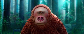 Movie still from “Missing Link” (2019), directed by Chris Butler – A stuffed animal monkey with a pink nose and pink hair; Close Up shot, Low angle