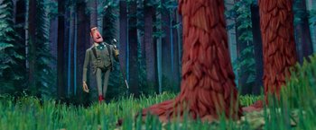 Movie still from “Missing Link” (2019), directed by Chris Butler – A man with a cane walking through a forest; Wide shot, Low angle