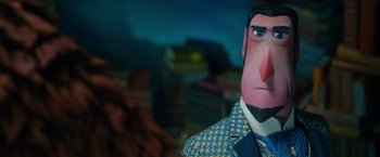 Movie still from “Missing Link” (2019), directed by Chris Butler – The head and face of a cartoon character; Close Up shot, Over the shoulder angle