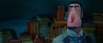 Movie still from “Missing Link” (2019), directed by Chris Butler – The head of a toy character; Close Up shot, Low angle