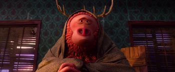 Movie still from “Missing Link” (2019), directed by Chris Butler – A stuffed animal wearing a blanket; Close Up shot, Low angle