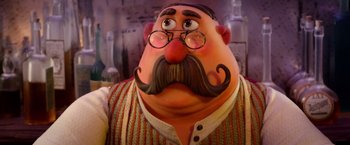 Movie still from “Missing Link” (2019), directed by Chris Butler – A cartoon character with a mustache and glasses; Close Up shot, Low angle