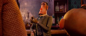Movie still from “Missing Link” (2019), directed by Chris Butler – A man with a fake nose is standing next to a bar; Medium shot, Over the shoulder angle