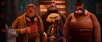 Movie still from “Missing Link” (2019), directed by Chris Butler – A group of people standing next to each other in a room; Medium shot, Low angle