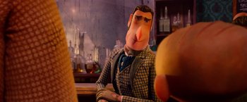 Movie still from “Missing Link” (2019), directed by Chris Butler – A man with a fake nose sitting at a table; Medium shot, Over the shoulder angle