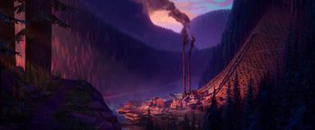 Movie still from “Missing Link” (2019), directed by Chris Butler – An illustration of a factory with smoke billowing out of its stacks; Extreme Wide shot, High angle