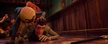 Movie still from “Missing Link” (2019), directed by Chris Butler – A man laying on the ground next to another man; Medium shot, Over the shoulder angle