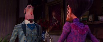 Movie still from “Missing Link” (2019), directed by Chris Butler – A man and a woman in front of a painting of a horse; Medium shot, Over the shoulder angle