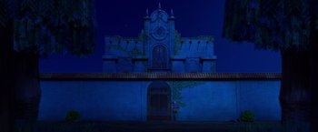 Movie still from “Missing Link” (2019), directed by Chris Butler – A building that has a clock on the side of it; Extreme Wide shot, Low angle