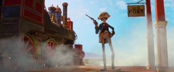Movie still from “Missing Link” (2019), directed by Chris Butler – A cartoon of a man holding a gun in front of a train; Wide shot, Low angle