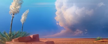 Movie still from “Missing Link” (2019), directed by Chris Butler – An image of a desert scene with a cloud in the sky; Extreme Wide shot, Low angle