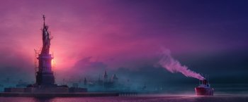 Movie still from “Missing Link” (2019), directed by Chris Butler – A purple and pink sky over a body of water; Extreme Wide shot, Low angle