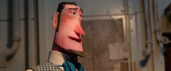 Movie still from “Missing Link” (2019), directed by Chris Butler – The face of a cartoon character; Close Up shot, Over the shoulder angle