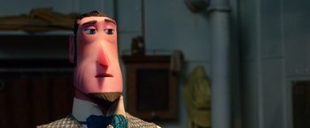 Movie still from “Missing Link” (2019), directed by Chris Butler – The face of a toy story character; Close Up shot, Low angle