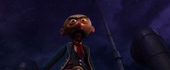 Movie still from “Missing Link” (2019), directed by Chris Butler – A cartoon of a man with a beard and mustache; Medium shot, Low angle
