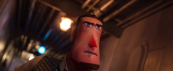 Movie still from “Missing Link” (2019), directed by Chris Butler – The face of an animated character; Close Up shot, Low angle
