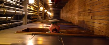Movie still from “Missing Link” (2019), directed by Chris Butler – The head of a cartoon character; Wide shot, Low angle