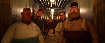 Movie still from “Missing Link” (2019), directed by Chris Butler – A group of people standing next to each other in a hallway; Medium shot, Low angle