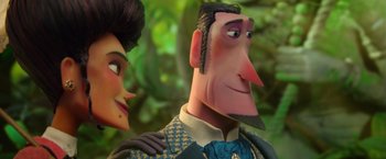 Movie still from “Missing Link” (2019), directed by Chris Butler – A man and a woman's faces; Close Up shot, Over the shoulder angle