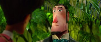 Movie still from “Missing Link” (2019), directed by Chris Butler – The head of a cartoon character; Close Up shot, Over the shoulder angle