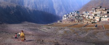 Movie still from “Missing Link” (2019), directed by Chris Butler – A view of a mountain village in the middle of the desert; Extreme Wide shot, High angle