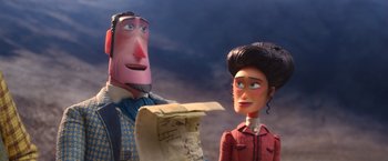 Movie still from “Missing Link” (2019), directed by Chris Butler – A man and a woman standing next to each other holding papers; Close Up shot, Over the shoulder angle