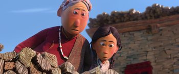 Movie still from “Missing Link” (2019), directed by Chris Butler – A man and a woman standing next to each other; Close Up shot, Over the shoulder angle