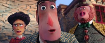 Movie still from “Missing Link” (2019), directed by Chris Butler – A man's face in a cartoon; Close Up shot, Low angle