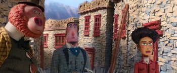 Movie still from “Missing Link” (2019), directed by Chris Butler – A man in a suit standing in front of a stone building; Close Up shot, Low angle