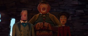 Movie still from “Missing Link” (2019), directed by Chris Butler – A man with a monkey face and two people; Medium shot, Low angle