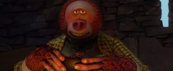 Movie still from “Missing Link” (2019), directed by Chris Butler – A man with a pig face holding a bowl; Close Up shot, Low angle