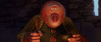 Movie still from “Missing Link” (2019), directed by Chris Butler – A man with a wooden spoon in his hand and an animal face; Close Up shot, Low angle