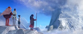 Movie still from “Missing Link” (2019), directed by Chris Butler – An image of an indian standing on top of a mountain; Extreme Wide shot, Low angle