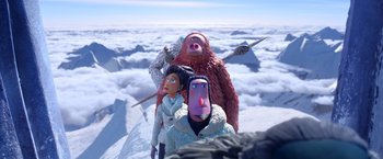 Movie still from “Missing Link” (2019), directed by Chris Butler – A group of people standing on top of a snow covered slope; Wide shot, Low angle